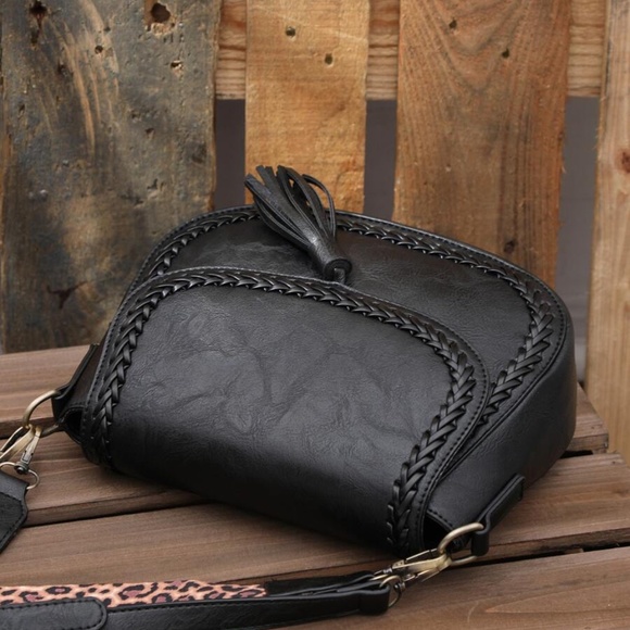 Boho Black Leopard Strap Shoulder Crossbody Bag - Picture 4 of 5